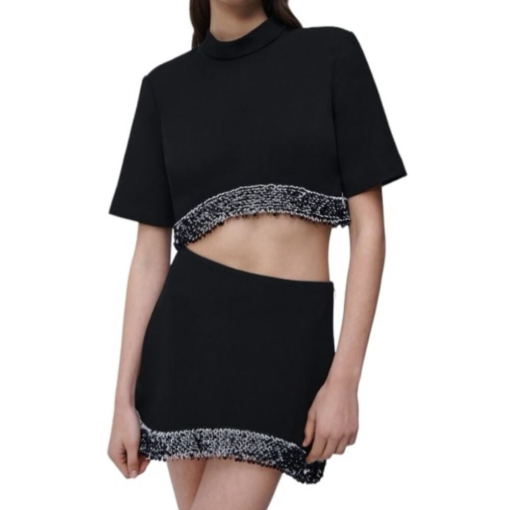 Jonathan Simkhai Short Sleeve Embellished Crop Top Black‎ Size 14 Luxe